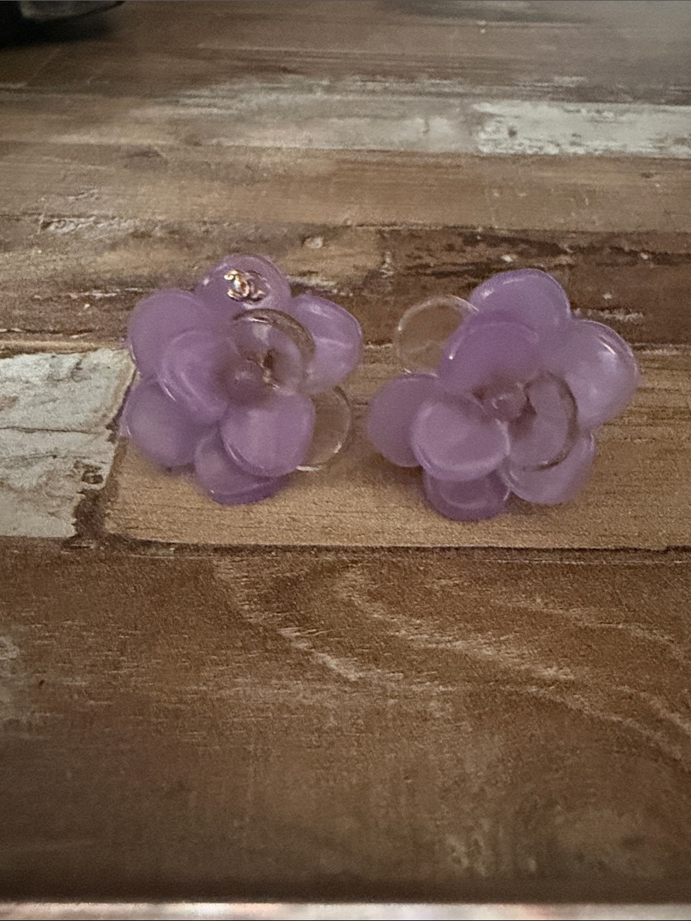 CHANEL Lavender Camellia Resin Stud Earrings